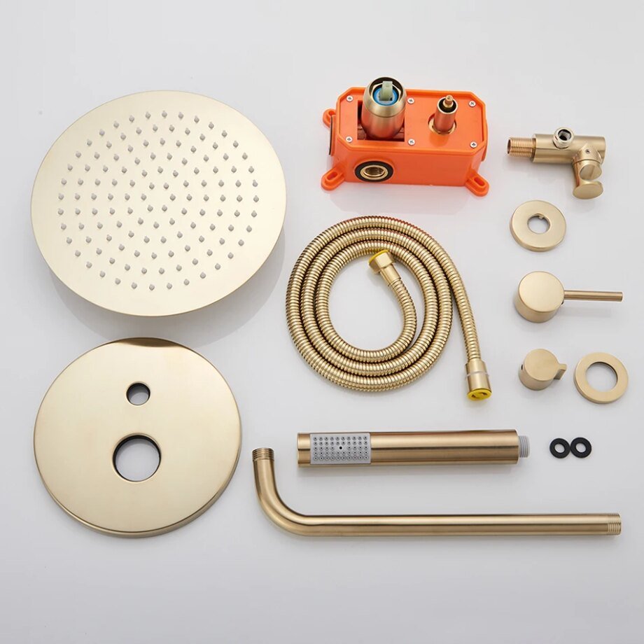 Brushed Gold Shower Mixer Set – Wall-Mount Rainfall Head with Hand Sprayer & Bathtub Tap