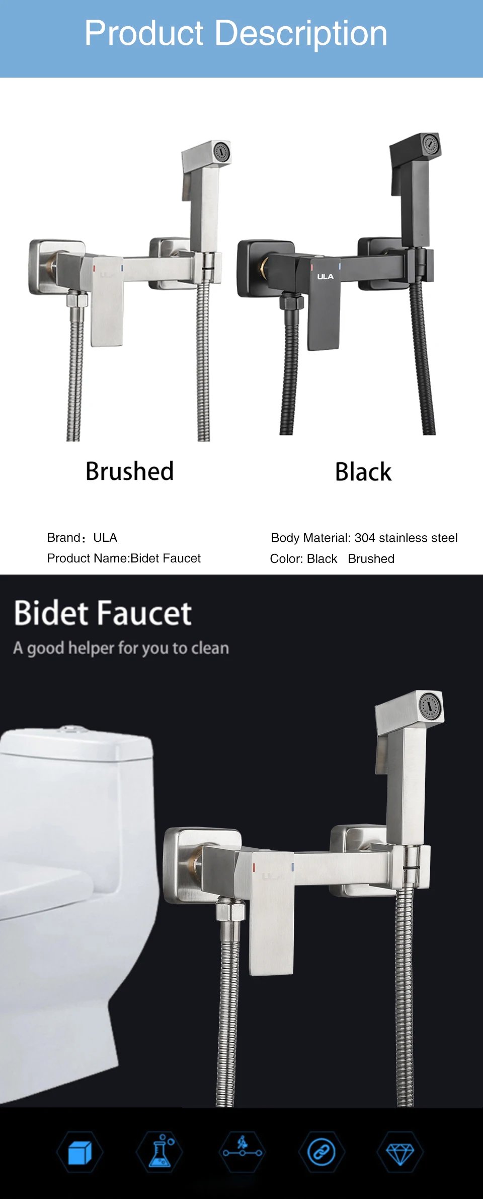 ULA Gold Bidet Faucet Toilet Faucet Stainless Steel Handheld Bidet Sprayer Set Cold Hot Water Mixer Crane Bathroom Shower Head