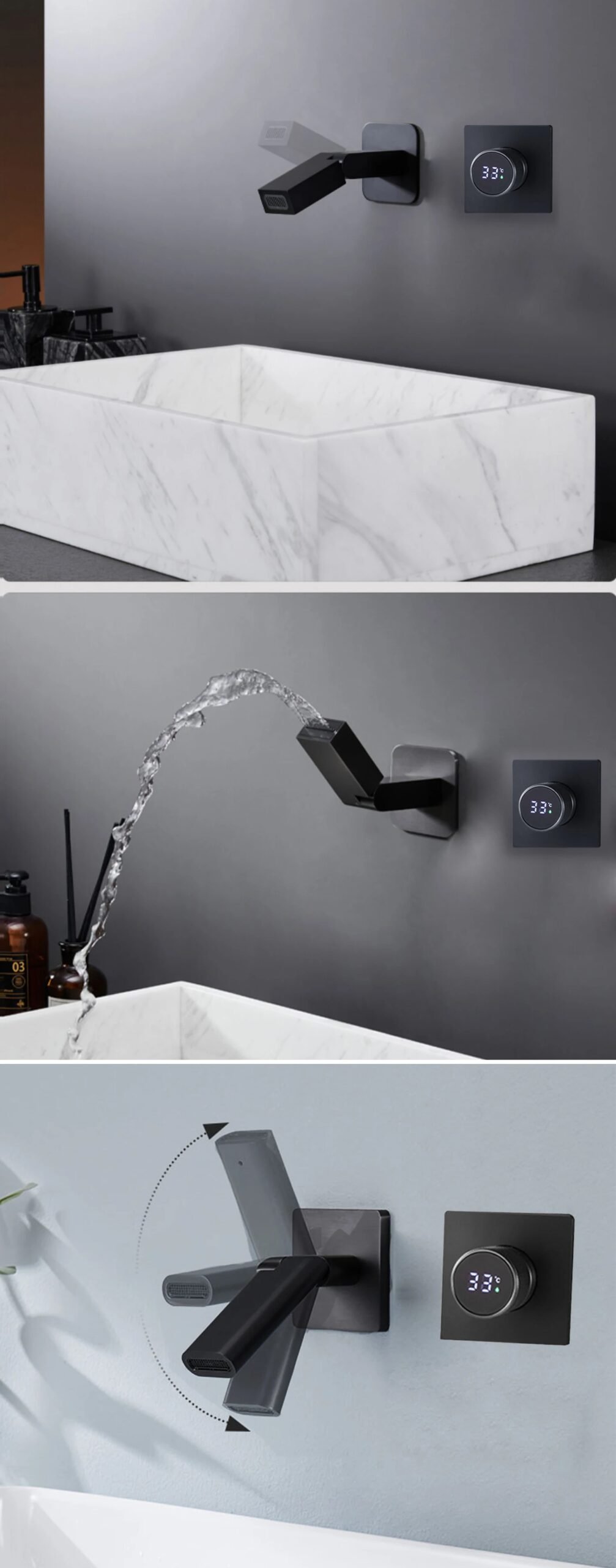 BAKALA Digital Display Bathroom Faucet Wall Mounted Waterfall Basin Faucets Washing Basin Taps Hot & Cold Water Mixer Tap