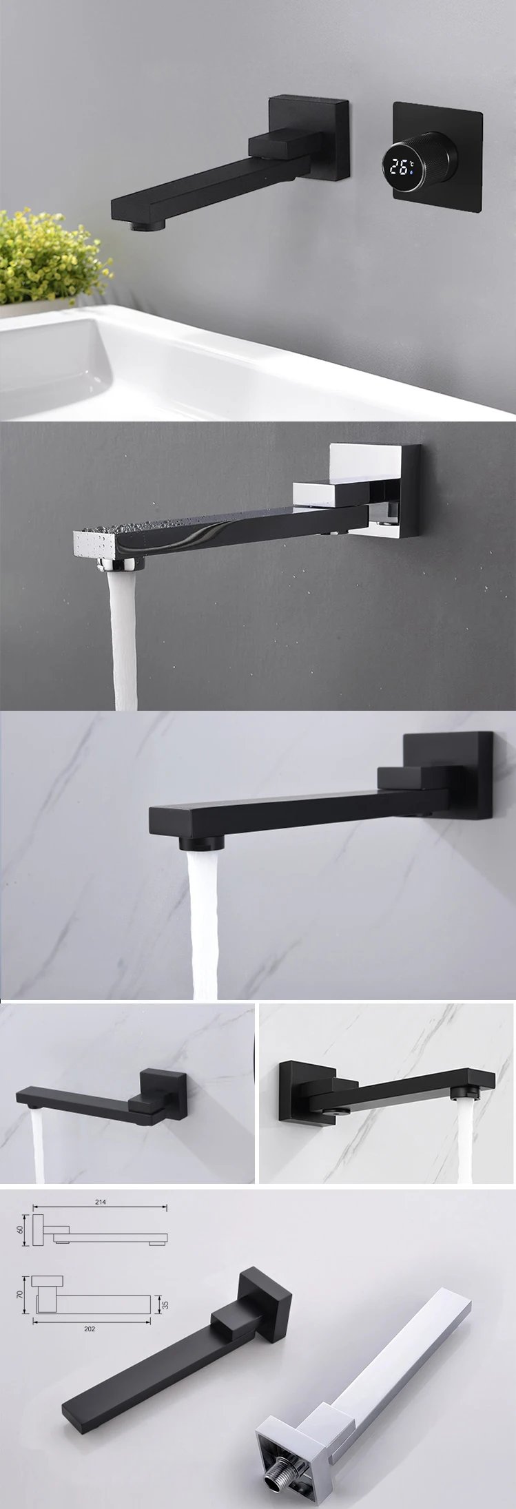 BAKALA Digital Display Bathroom Faucet Wall Mounted Waterfall Basin Faucets Washing Basin Taps Hot & Cold Water Mixer Tap