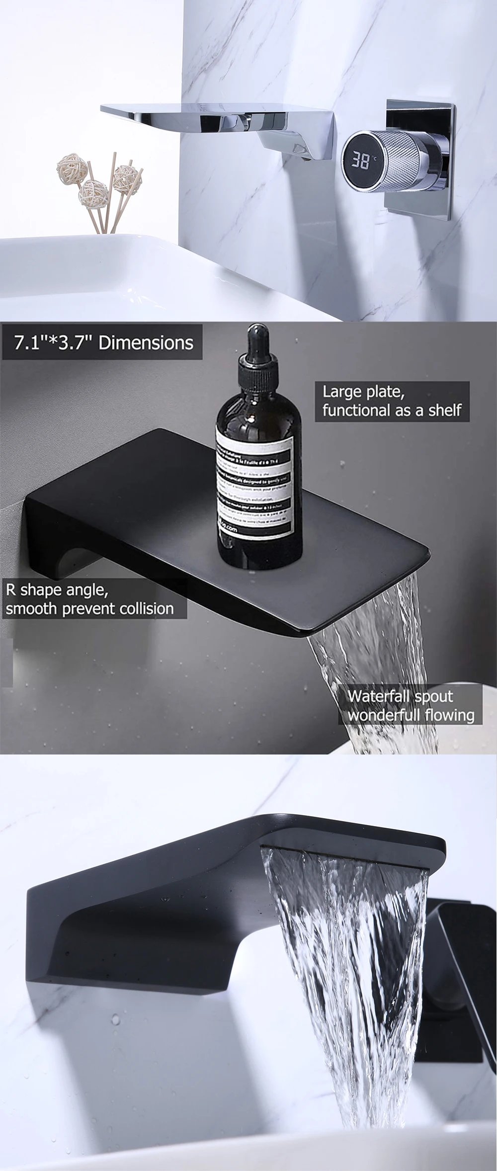 BAKALA Digital Display Bathroom Faucet Wall Mounted Waterfall Basin Faucets Washing Basin Taps Hot & Cold Water Mixer Tap