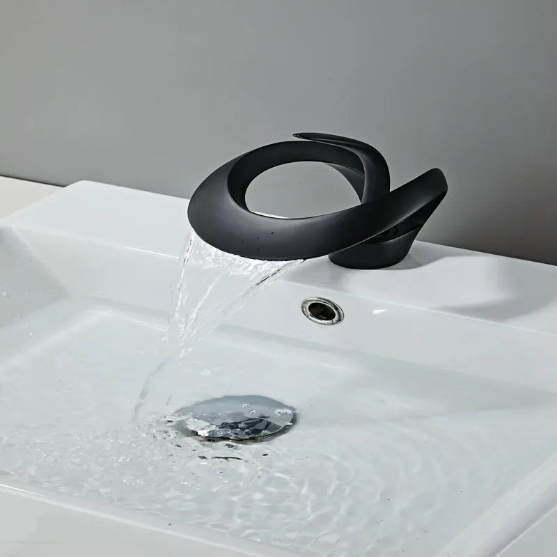 Black Bathroom Basin Taps Single Handle Waterfall Faucet Solid Brass Basin Mixer Taps Creative Hollowed Out Design Water Tap