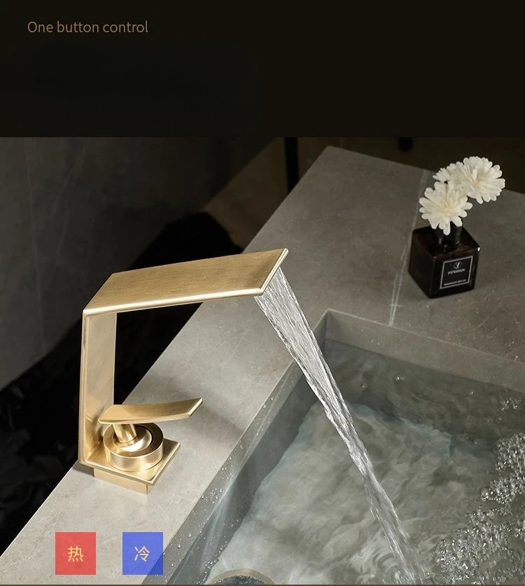 Contemporary Luxury Brushed Gold Basin Hot & Cold Water Mixer Faucets Bathroom Sink Waterfall Spout Mixing Washbasin Metal Taps Contemporary Luxury Brushed Gold Basin Hot & Cold Water Mixer Faucets Bathroom Sink Waterfall Spout Mixing Washbasin Metal Taps