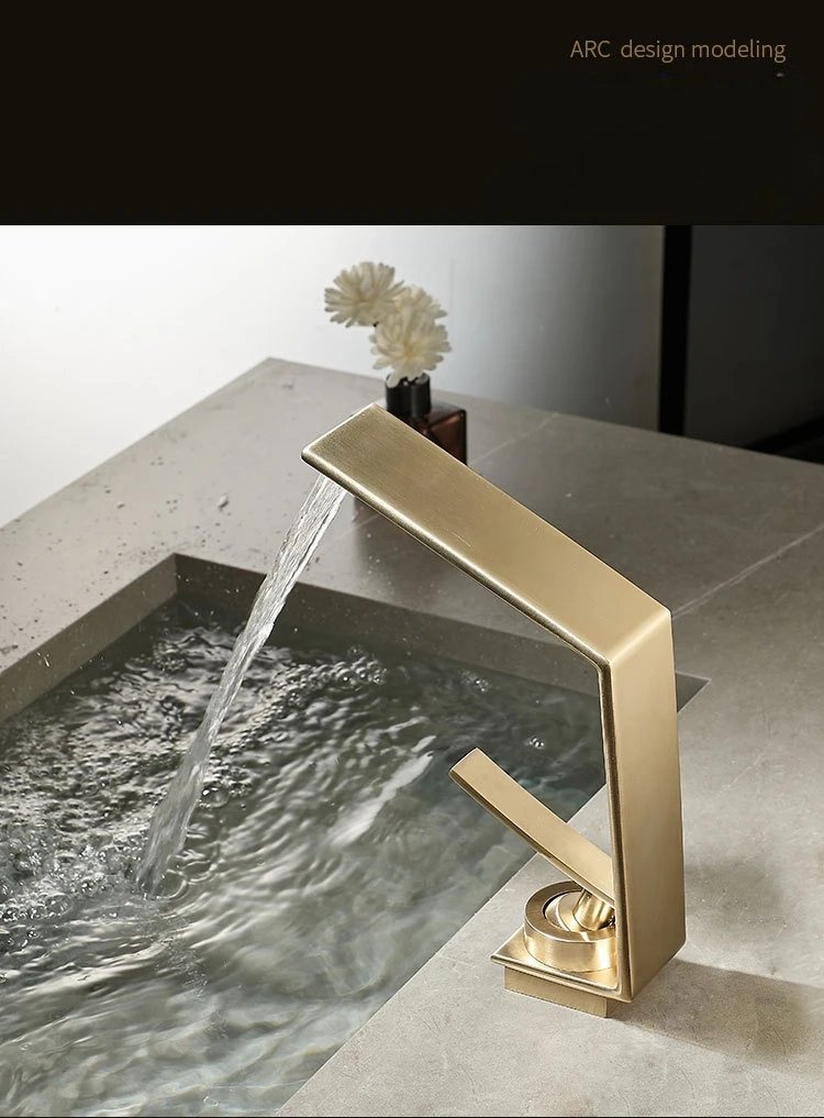 Contemporary Luxury Brushed Gold Basin Hot & Cold Water Mixer Faucets Bathroom Sink Waterfall Spout Mixing Washbasin Metal Taps Contemporary Luxury Brushed Gold Basin Hot & Cold Water Mixer Faucets Bathroom Sink Waterfall Spout Mixing Washbasin Metal Taps