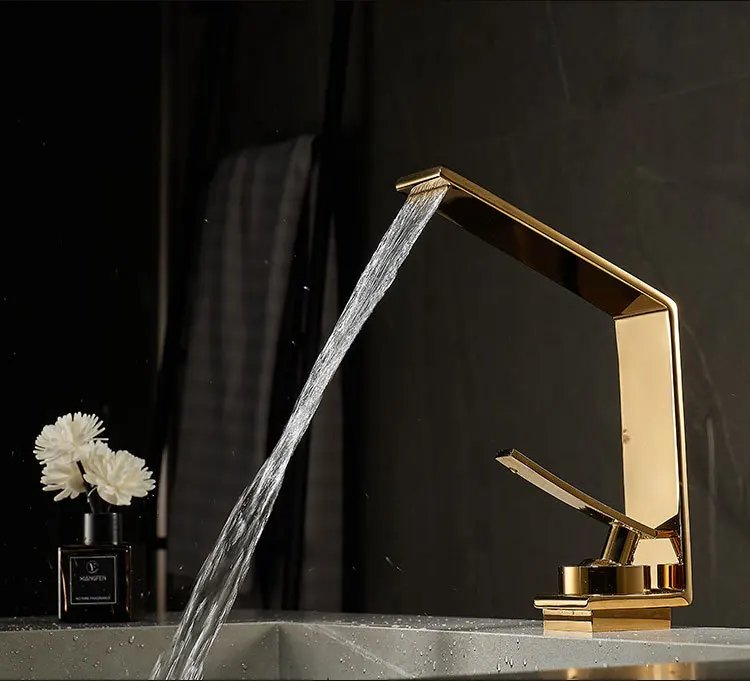 Contemporary Luxury Brushed Gold Basin Hot & Cold Water Mixer Faucets Bathroom Sink Waterfall Spout Mixing Washbasin Metal Taps Contemporary Luxury Brushed Gold Basin Hot & Cold Water Mixer Faucets Bathroom Sink Waterfall Spout Mixing Washbasin Metal Taps