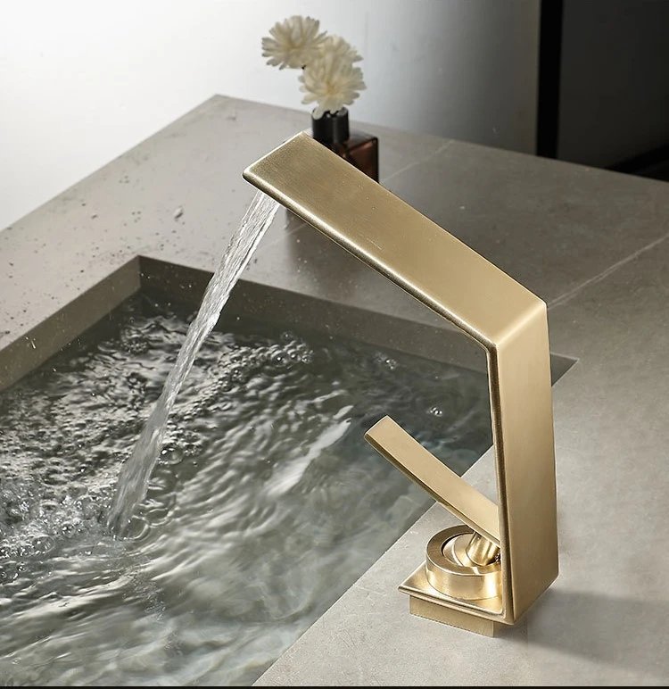 Contemporary Luxury Brushed Gold Basin Hot & Cold Water Mixer Faucets Bathroom Sink Waterfall Spout Mixing Washbasin Metal Taps Contemporary Luxury Brushed Gold Basin Hot & Cold Water Mixer Faucets Bathroom Sink Waterfall Spout Mixing Washbasin Metal Taps