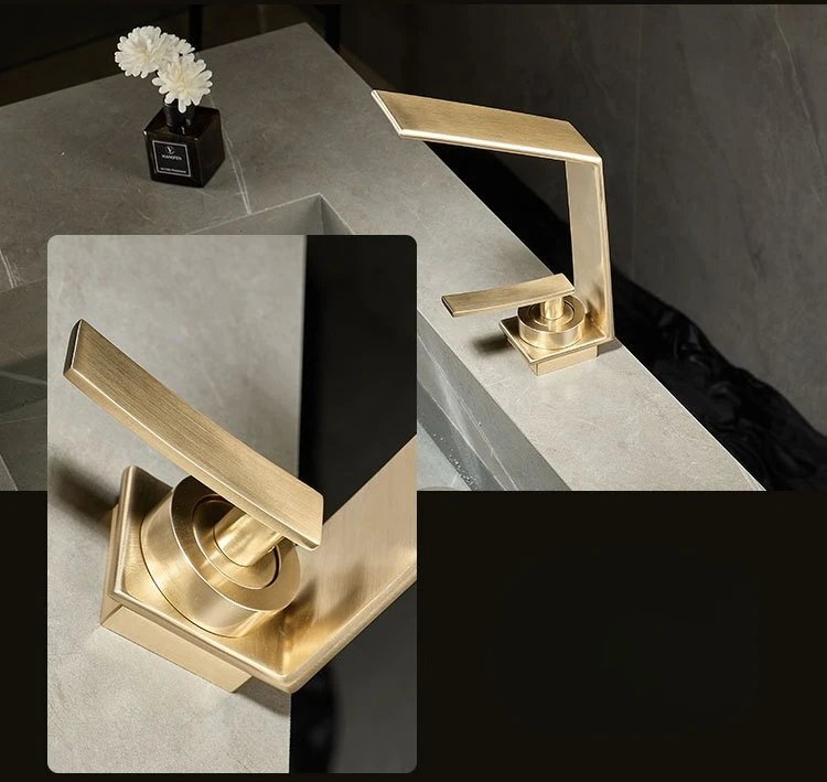 Contemporary Luxury Brushed Gold Basin Hot & Cold Water Mixer Faucets Bathroom Sink Waterfall Spout Mixing Washbasin Metal Taps Contemporary Luxury Brushed Gold Basin Hot & Cold Water Mixer Faucets Bathroom Sink Waterfall Spout Mixing Washbasin Metal Taps