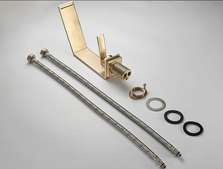 Contemporary Luxury Brushed Gold Basin Hot & Cold Water Mixer Faucets Bathroom Sink Waterfall Spout Mixing Washbasin Metal Taps Contemporary Luxury Brushed Gold Basin Hot & Cold Water Mixer Faucets Bathroom Sink Waterfall Spout Mixing Washbasin Metal Taps