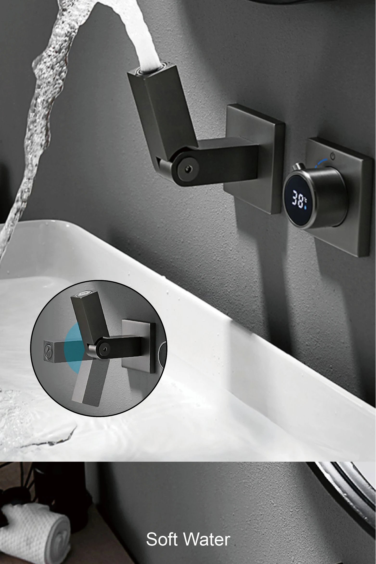 Luxury brass black bathroom faucet with wall mounted design Single handle constant temperature Cold & hot dual control basin Tap Luxury brass black bathroom faucet with wall mounted design Single handle constant temperature Cold & hot dual control basin Tap