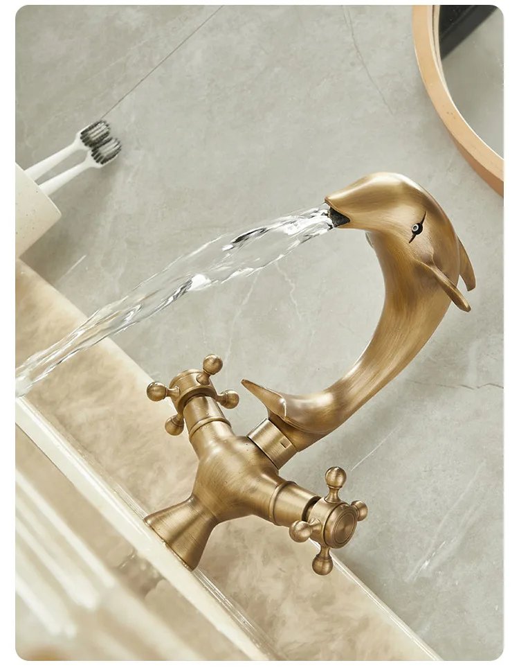 Antique Dolphin shape Brass Faucet Bathroom cabinet counter Basin Cold and Hot Double handle Faucet splash-proof Antique Dolphin shape Brass Faucet Bathroom cabinet counter Basin Cold and Hot Double handle Faucet splash-proof