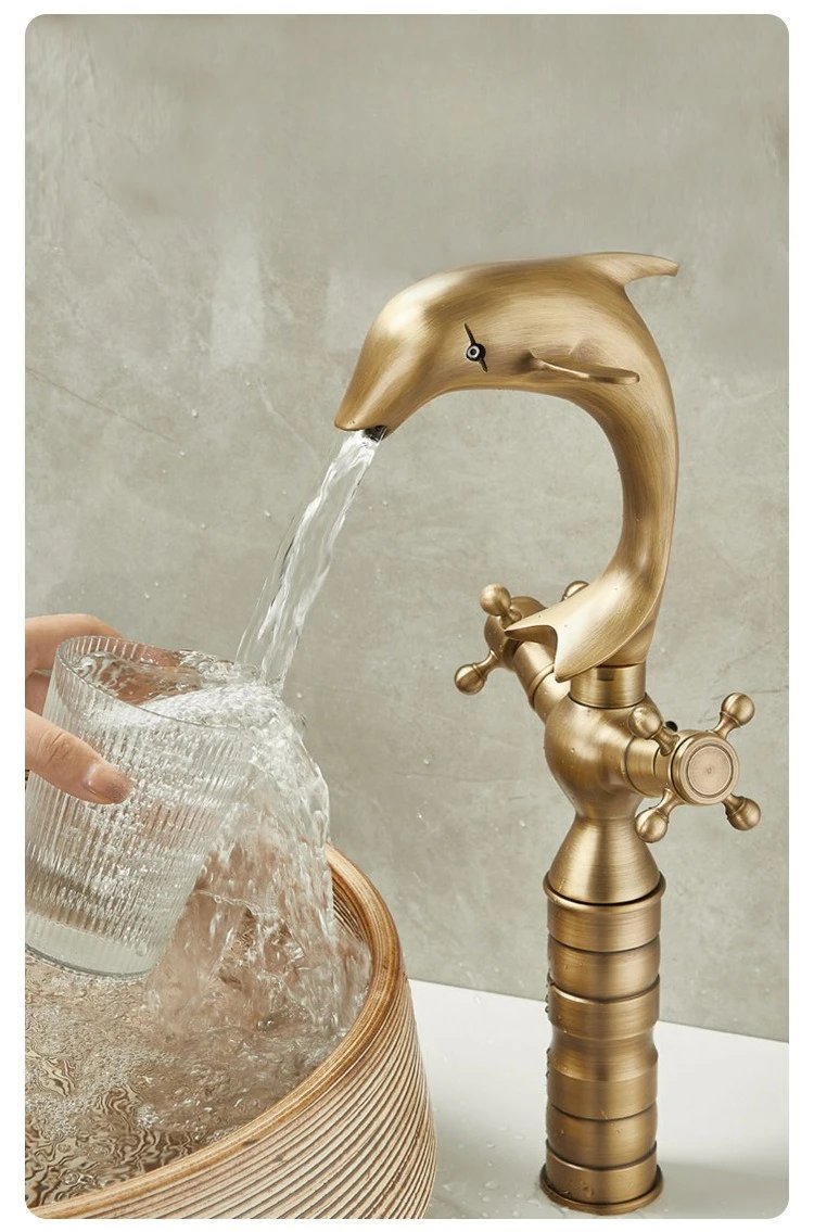 Antique Dolphin shape Brass Faucet Bathroom cabinet counter Basin Cold and Hot Double handle Faucet splash-proof Antique Dolphin shape Brass Faucet Bathroom cabinet counter Basin Cold and Hot Double handle Faucet splash-proof