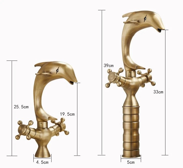 Antique Dolphin shape Brass Faucet Bathroom cabinet counter Basin Cold and Hot Double handle Faucet splash-proof Antique Dolphin shape Brass Faucet Bathroom cabinet counter Basin Cold and Hot Double handle Faucet splash-proof