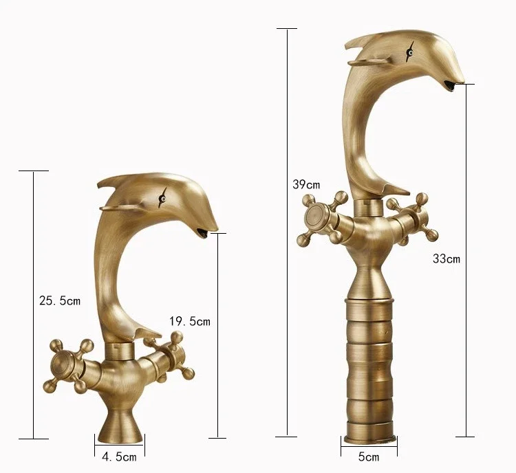 Antique Dolphin Brass Double Handle Basin Faucet