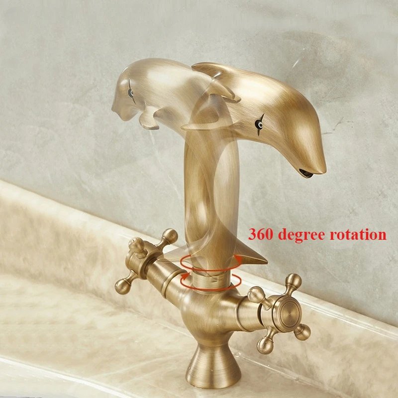 Antique Dolphin shape Brass Faucet Bathroom cabinet counter Basin Cold and Hot Double handle Faucet splash-proof Antique Dolphin shape Brass Faucet Bathroom cabinet counter Basin Cold and Hot Double handle Faucet splash-proof