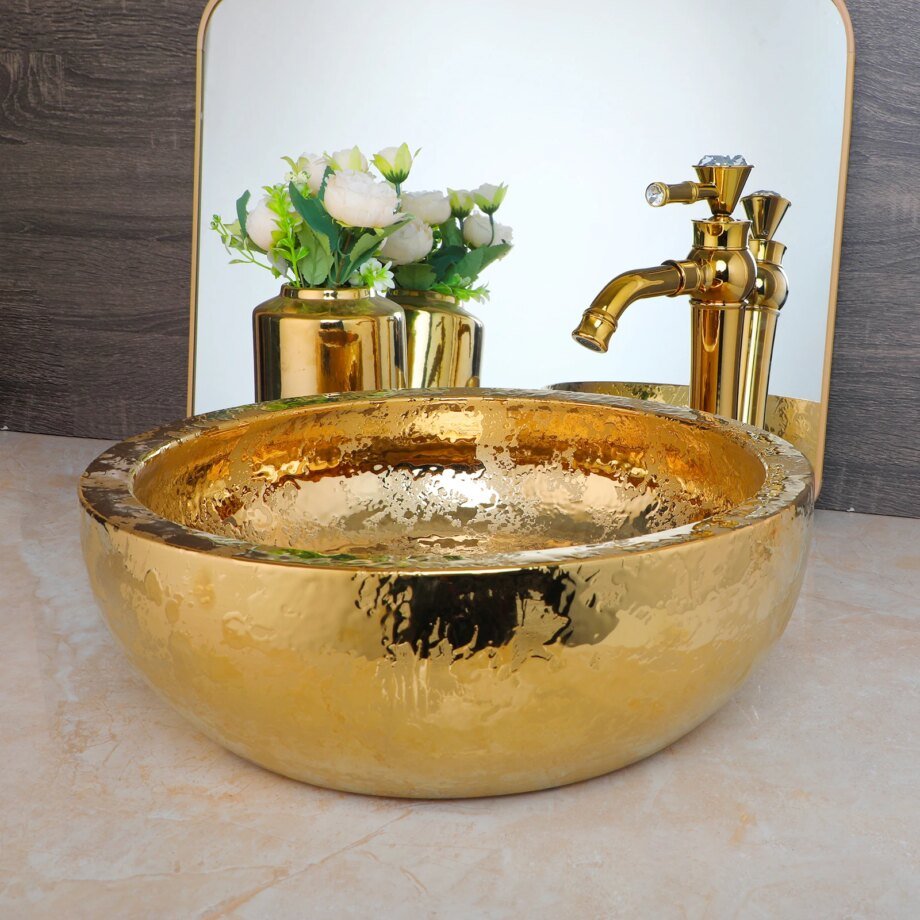 Luxury Gold Ceramic Vessel Sink with Antique Brass Faucet – Elegant Countertop Set