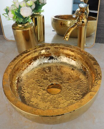 Luxury Gold Ceramic Vessel Sink with Antique Brass Faucet – Elegant Countertop Set