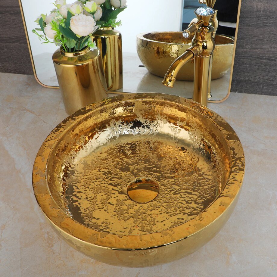 Luxury Gold Ceramic Vessel Sink with Antique Brass Faucet – Elegant Countertop Set