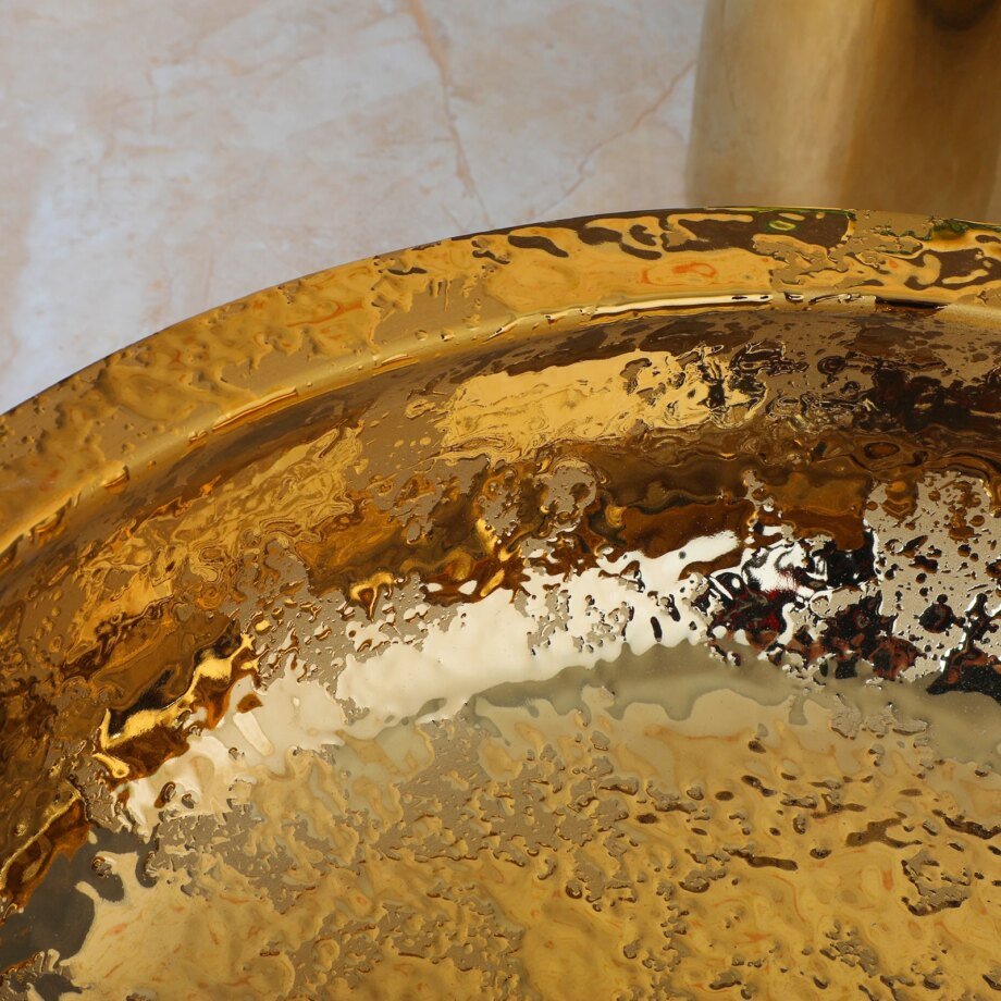 Luxury Gold Ceramic Vessel Sink with Antique Brass Faucet – Elegant Countertop Set