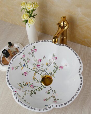Luxury Ceramic Vessel Sink – Round Petal Flower & Bird Design | Countertop Wash Basin for Elegant Bathroom Décor