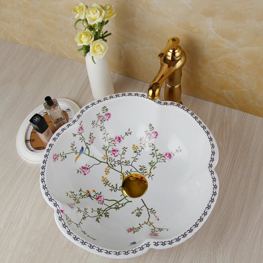 Luxury Ceramic Vessel Sink – Round Petal Flower & Bird Design | Countertop Wash Basin for Elegant Bathroom Décor