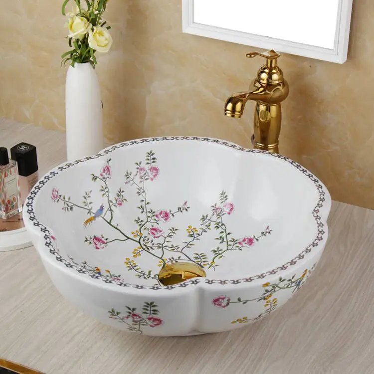 ZAPPO Above Counter Ceramic Vessel Sink For Bathroom Round Petal Shaped Flower & Bird Pattern Wash Basin Bowl Sinks With Faucet