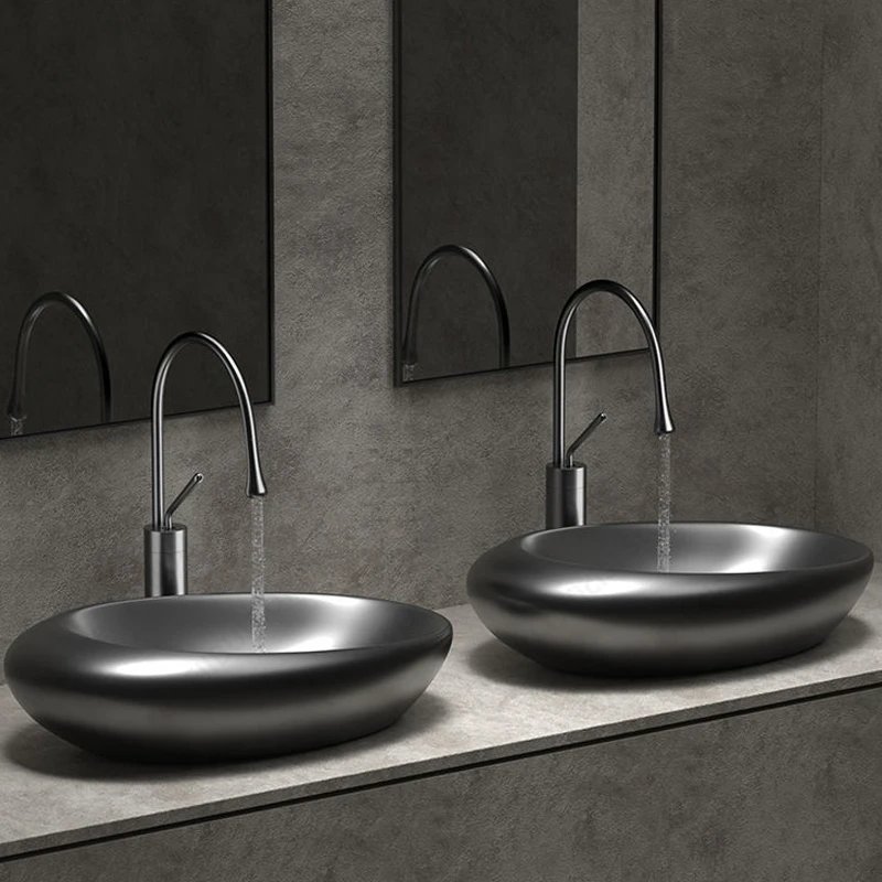 Grey Ceramic Oval Vessel Sink