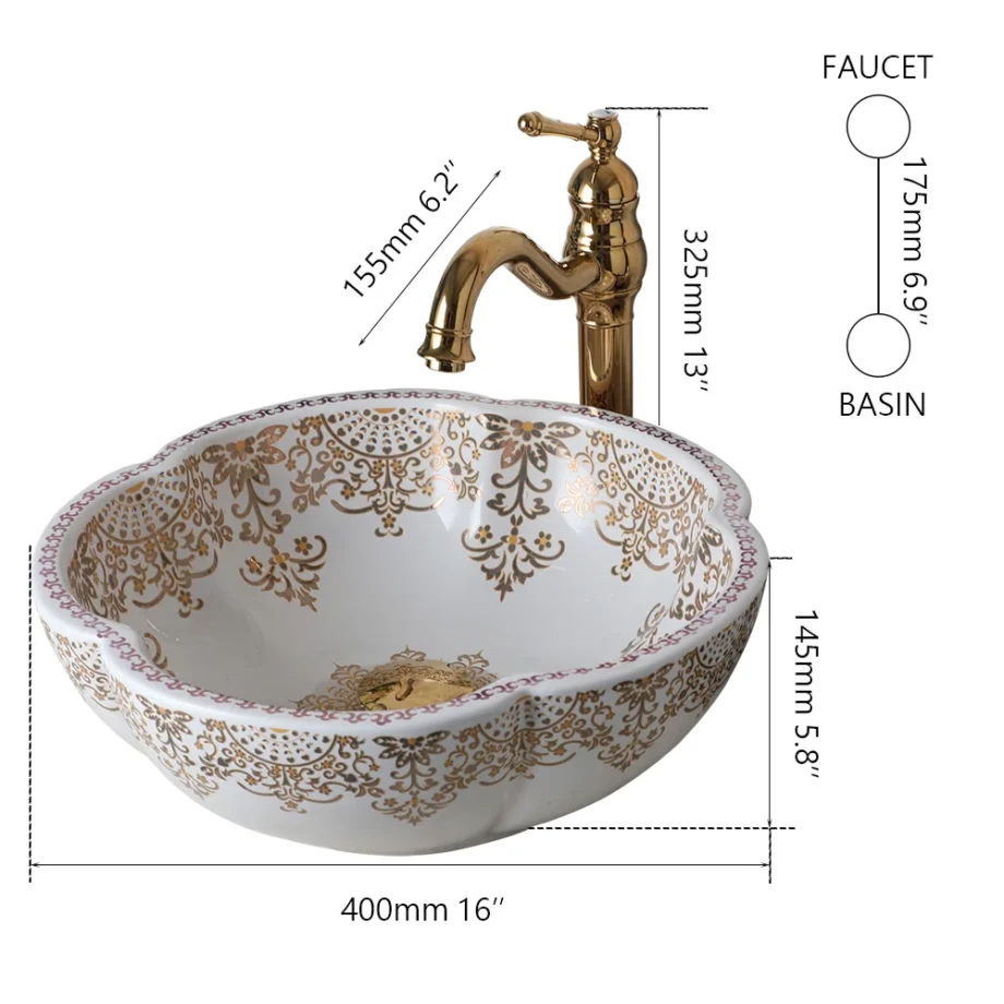 Luxury Ceramic Vessel Sink – Round Petal Flower & Bird Design | Countertop Wash Basin for Elegant Bathroom Décor