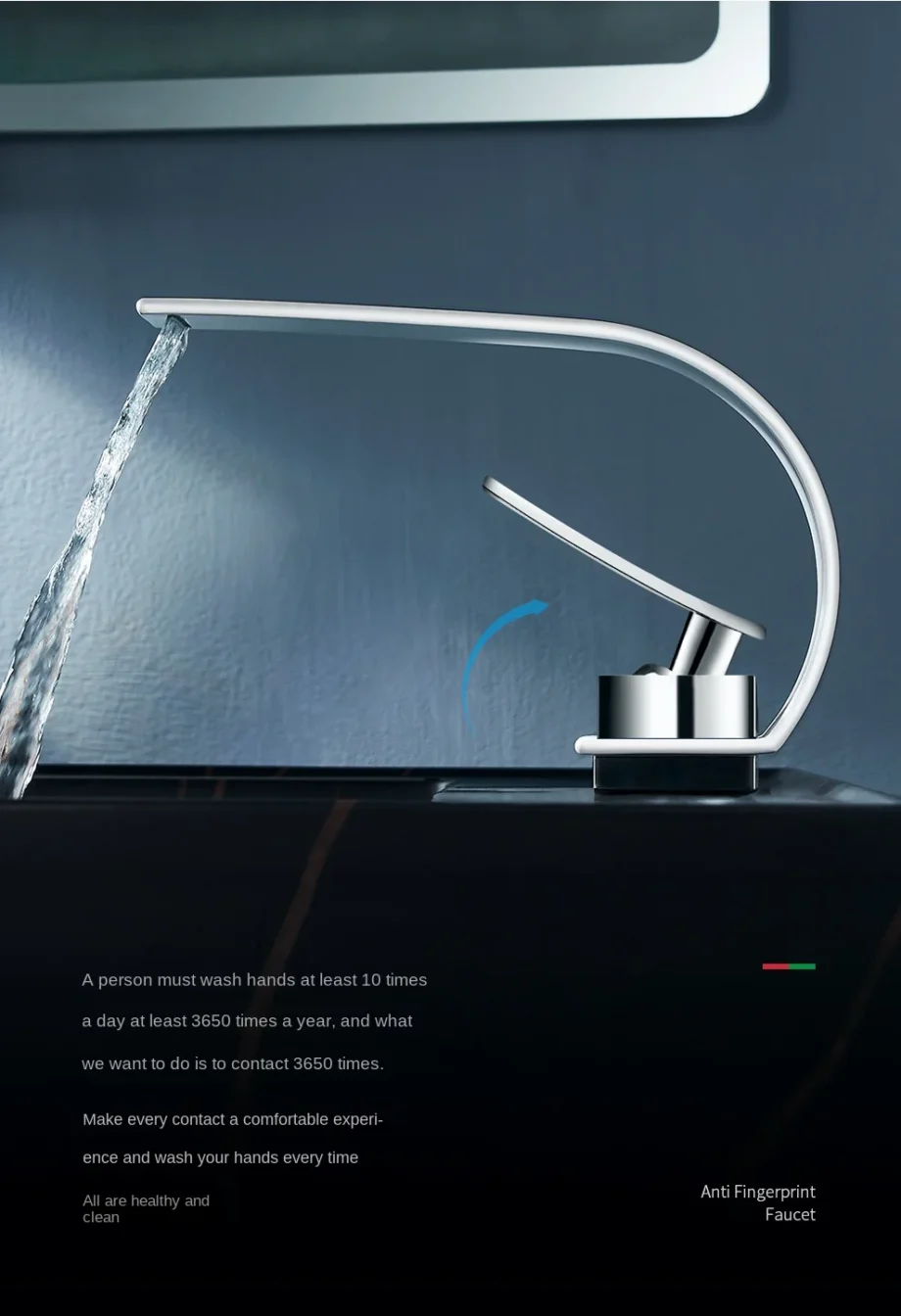 BAKALA Curve Bathroom Faucet – Single Handle Hot & Cold Water Waterfall Sink Mixer Tap (304 Stainless Steel)