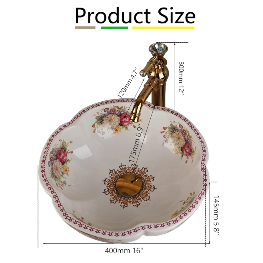 Luxury Ceramic Vessel Sink – Round Petal Flower & Bird Design | Countertop Wash Basin for Elegant Bathroom Décor