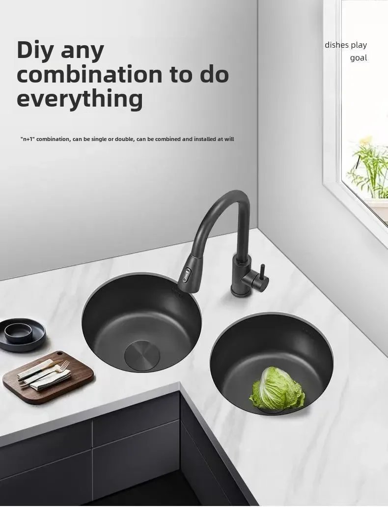 Black Round Bar Sink Nano Stainless Steel Single Basin Small Kitchen Dishwashing and Vegetable Washing Sink kitchen sink cocina