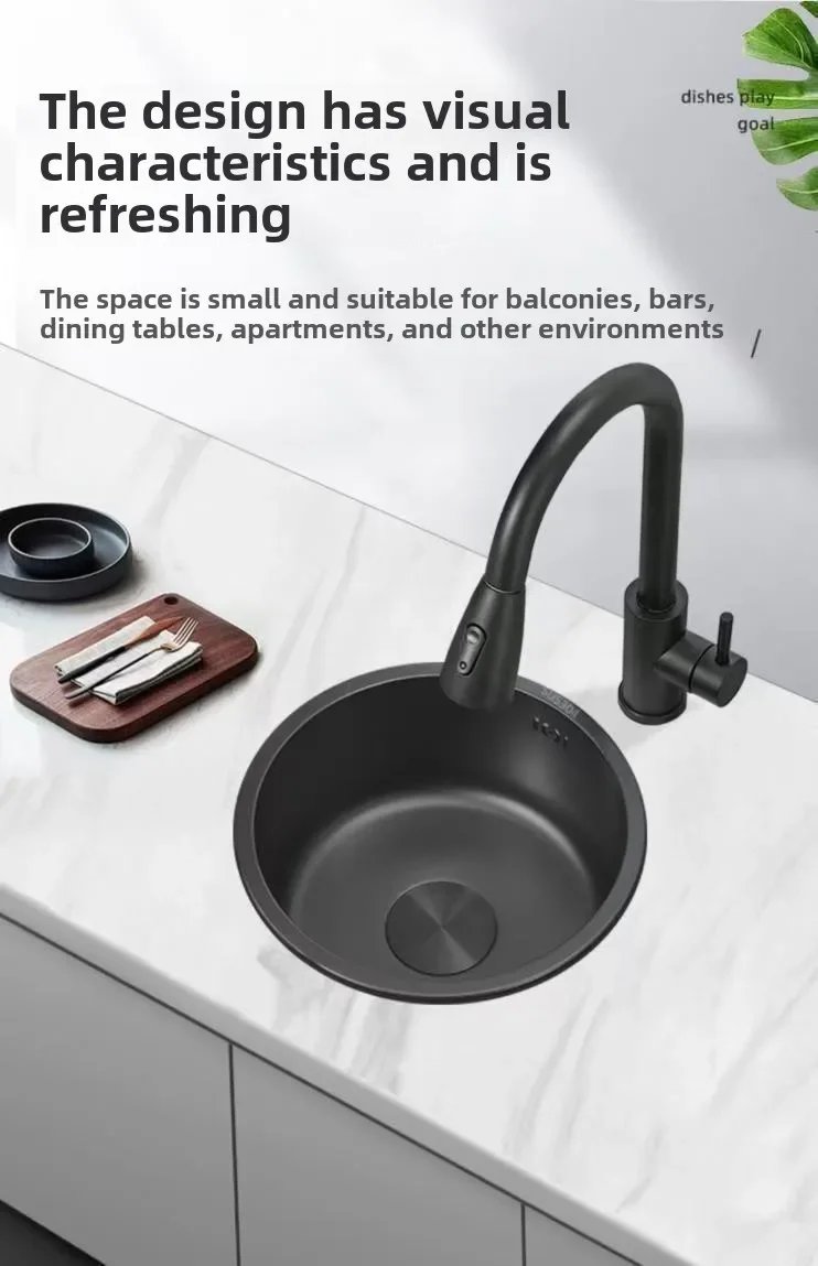 Black Round Bar Sink Nano Stainless Steel Single Basin Small Kitchen Dishwashing and Vegetable Washing Sink kitchen sink cocina