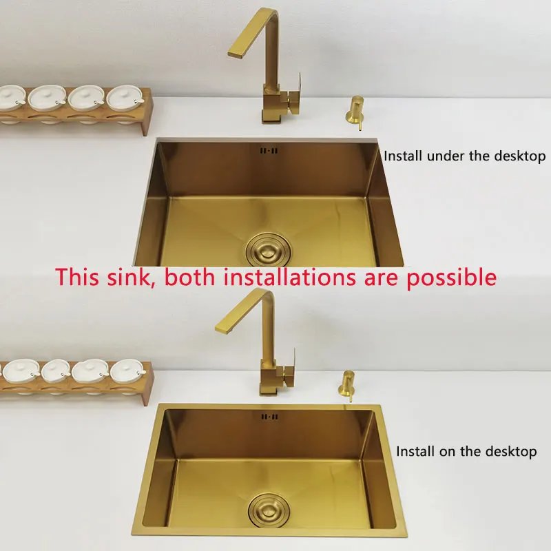 Gold Kitchen Sink Above Counter or Undermount Installation Single Basin Bar Sink 304 Stainless Steel sinks Golden Washing Basin
