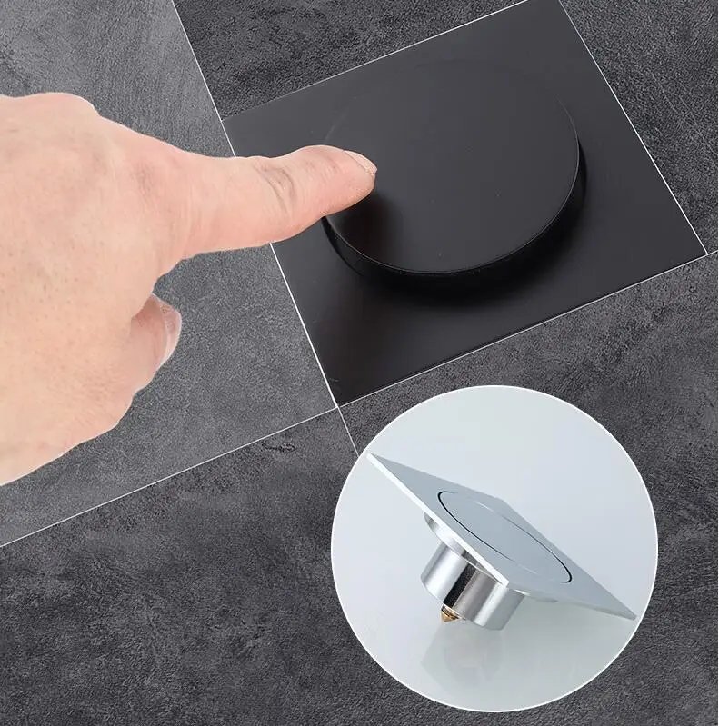 10X10 CM Floor Drains Black/Chrome Brass Shower Floor Drain Bathroom Deodorant Square Floor Drain Strainer Cover Grate Waste