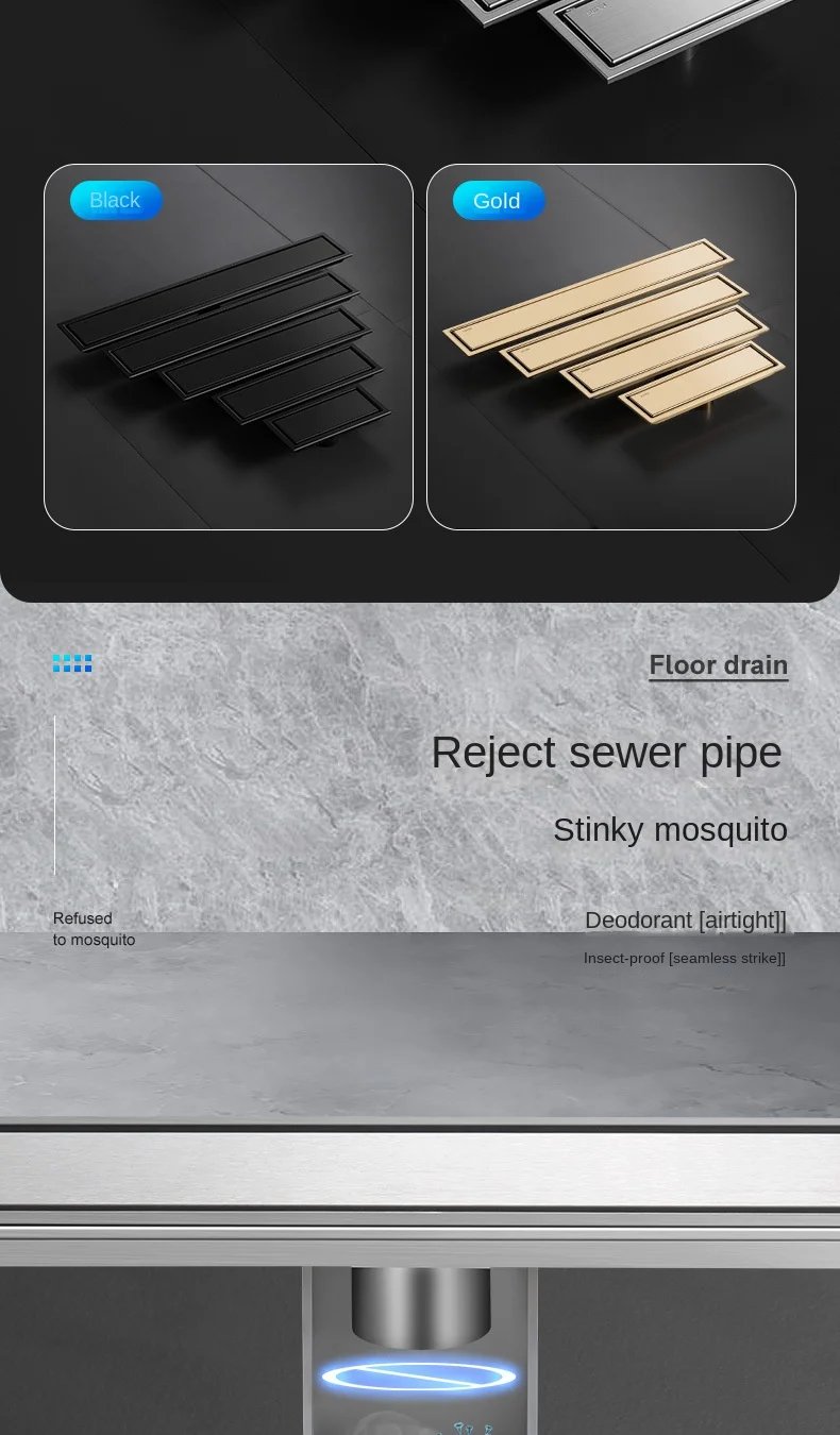 Invisible Tile Floor Drain Brshed Gold Black 304 Stainless Steel Lavatory Bathroom Shower Long Linear Drainage Side Floor Drains