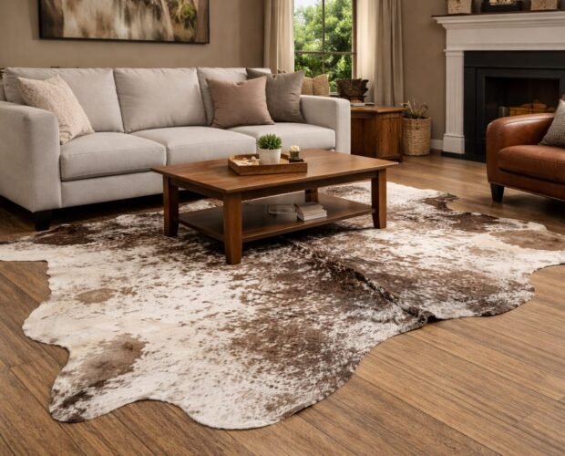 Natural cowhide rug styled in a modern living room interior