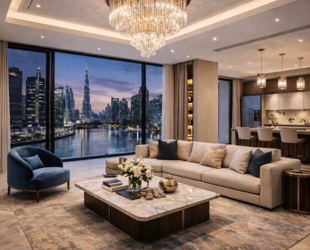 Luxury apartment renovation in Business Bay Dubai with modern living room and Burj Khalifa skyline view