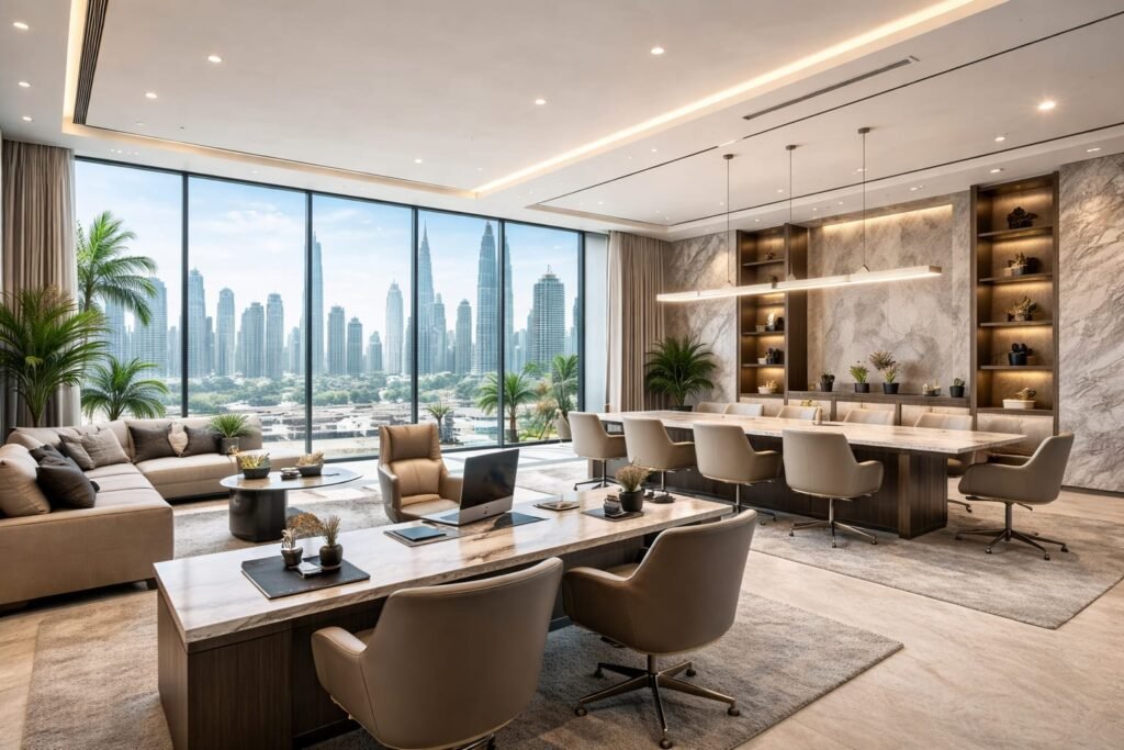 Luxury office renovation in Business Bay Dubai with modern interior fit-out