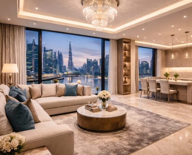 Luxury apartment renovation living room in Downtown Dubai with Burj Khalifa skyline view