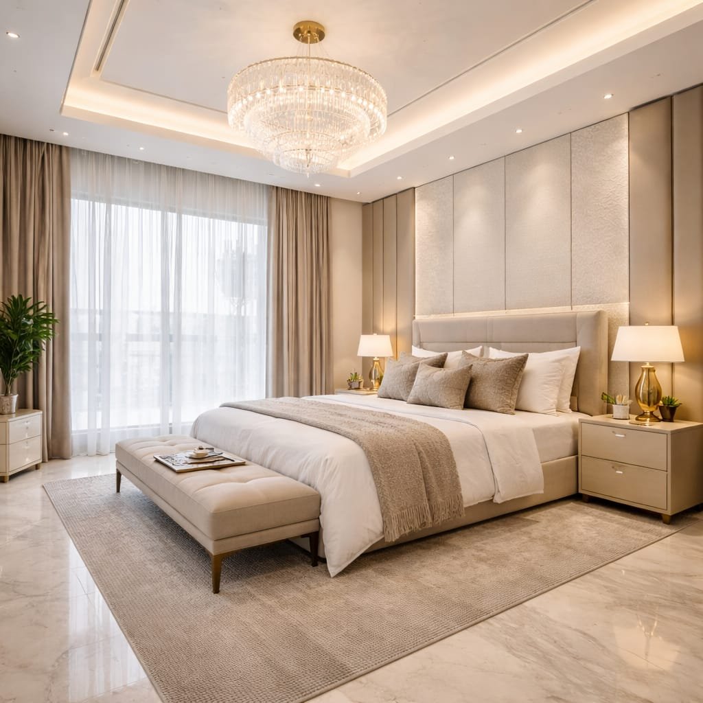 Modern master bedroom interior in renovated Dubai Hills villa
