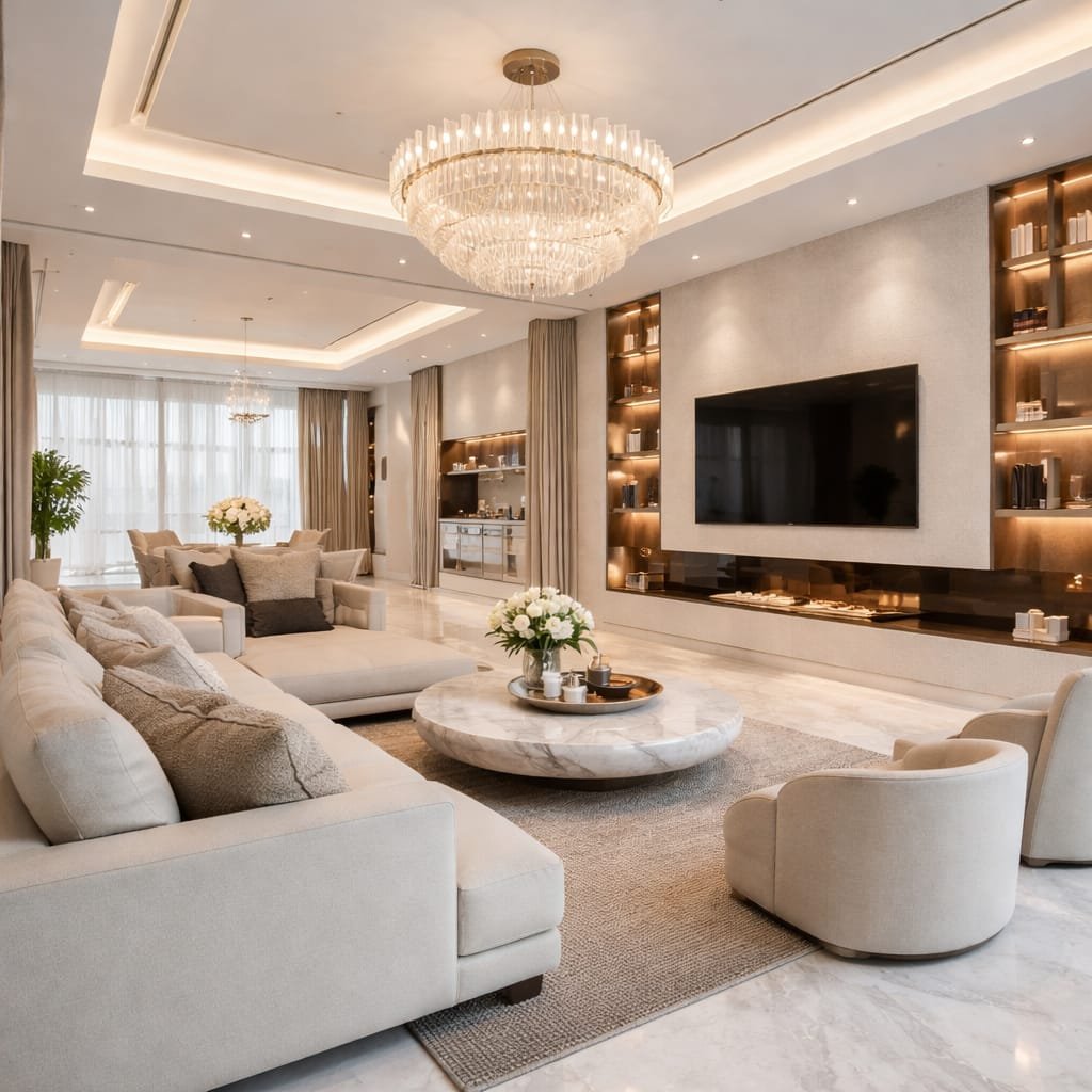Luxury living room design after Dubai Hills villa renovation