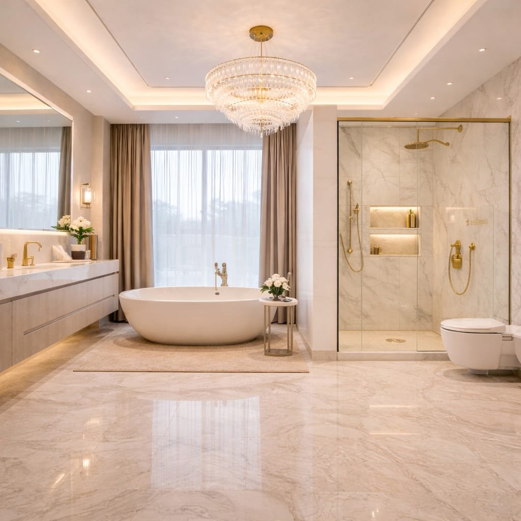 Luxury bathroom design with bathtub and walk-in shower in Dubai Hills villa renovation