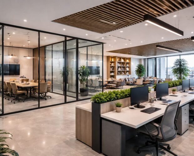 Modern office renovation in Dubai Media City with creative workspace design and glass meeting