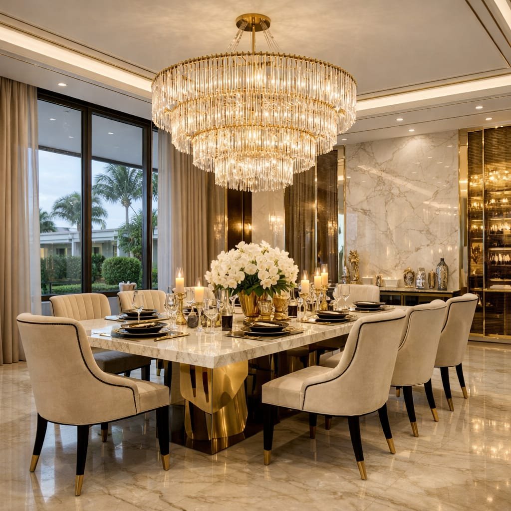 Luxury dining room with chandelier, marble table, upholstered chairs, and elegant lighting.