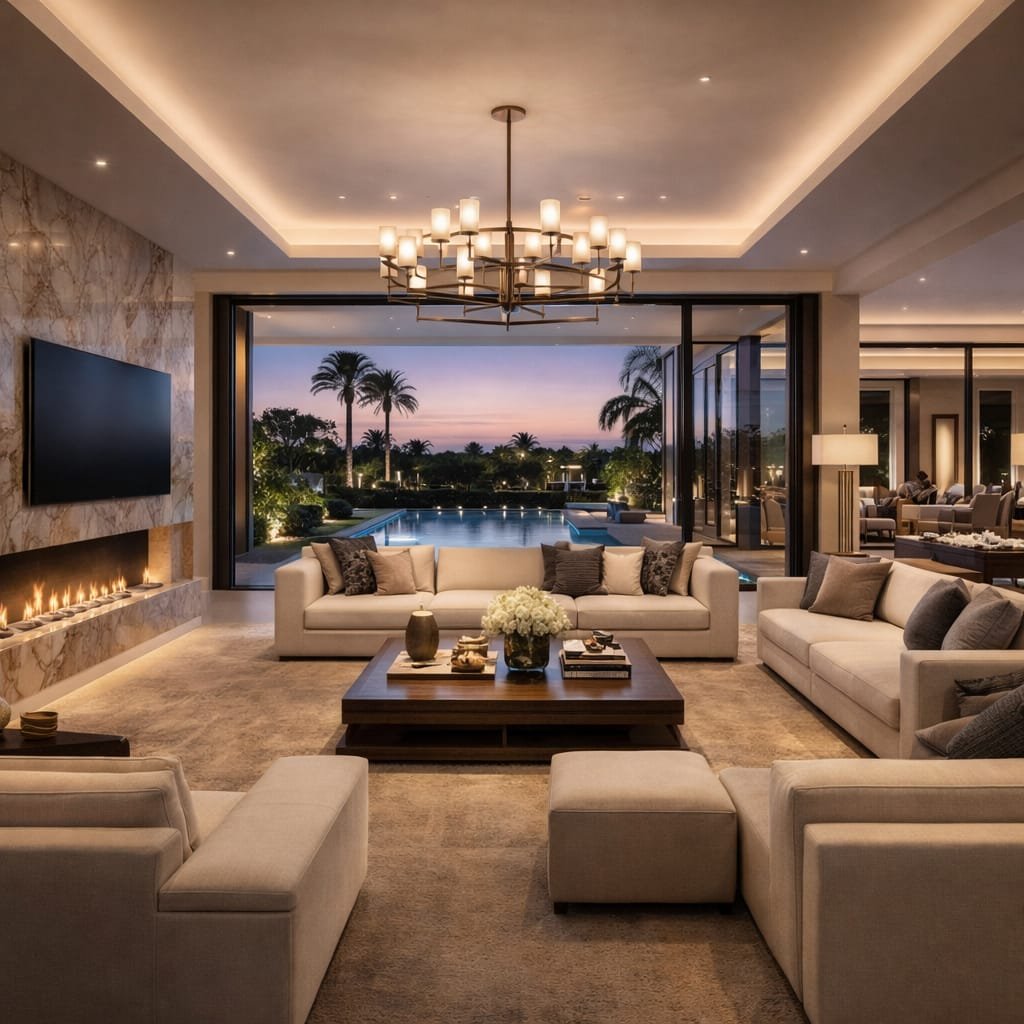 Luxury living room with large glass doors, pool view, modern fireplace, and elegant seating.
