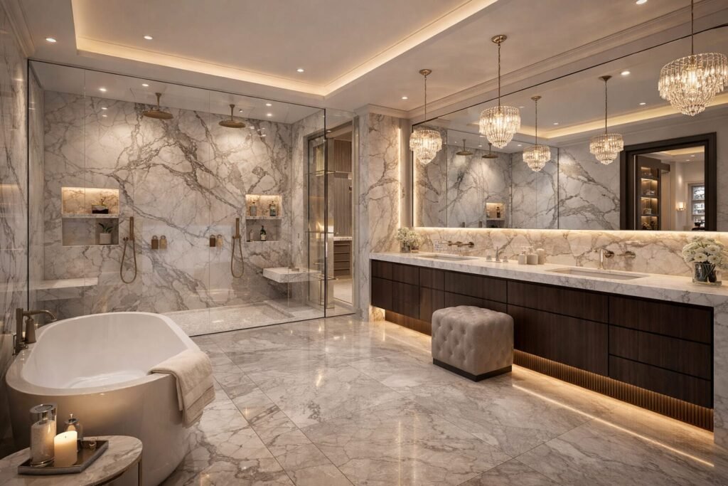 Luxury marble bathroom renovation with bathtub, glass shower, double vanity, and warm lighting.