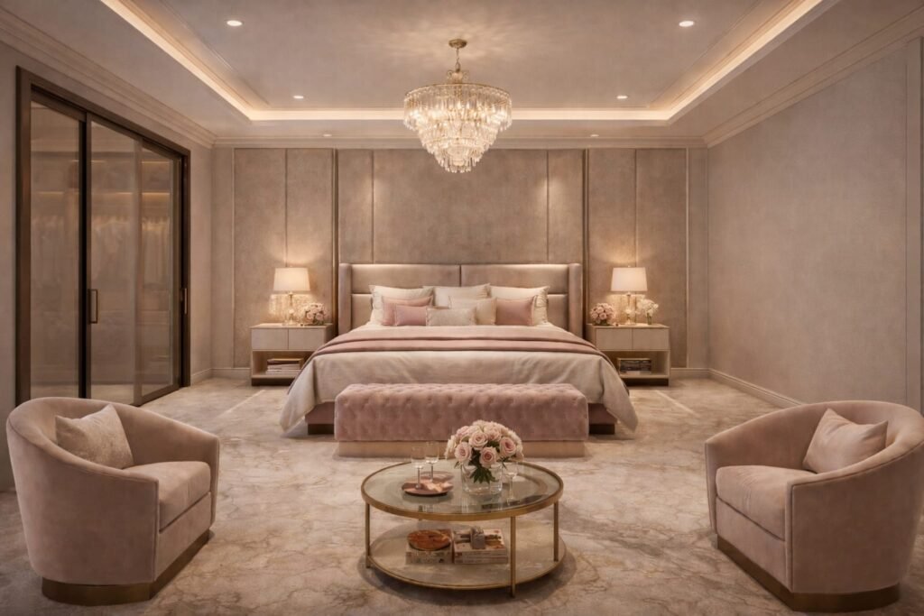Luxury master bedroom with chandelier, upholstered bed, marble flooring, and elegant lighting.