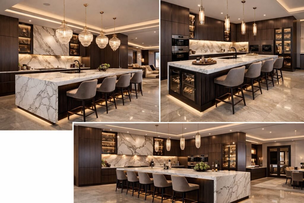 Luxury modern kitchen with marble island, pendant lighting, and dark wood cabinetry.