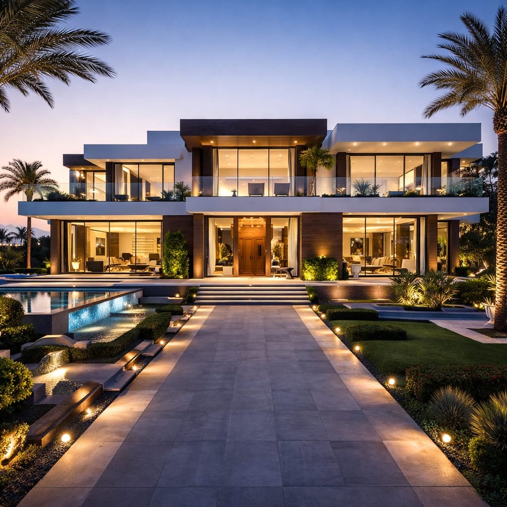 Luxury modern villa exterior with pool, palm trees, and elegant landscape lighting.