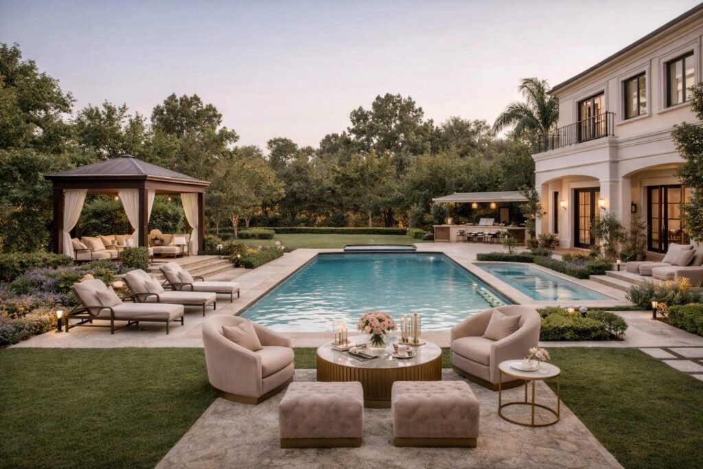 Modern luxury villa renovation in Dubai with pool, garden lighting, and glass architecture.