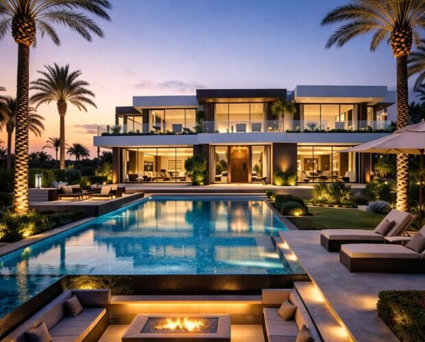 Luxury modern villa with swimming pool, palm trees, outdoor seating, and evening lighting.
